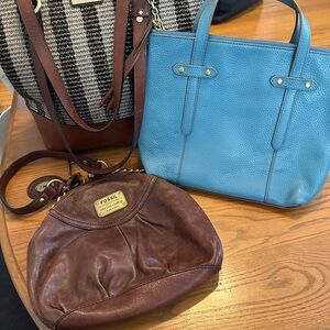 KIM!!Fossil blue, brown fossil kisslock, Brahmin brown leather and straw